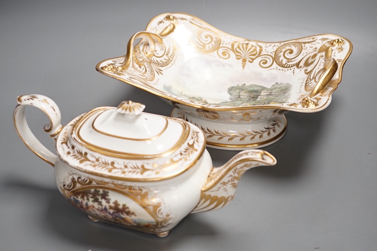 A Derby twin handled dish painted with a 'View in the Isle of Wight' and teapot and cover with two scenes, 'View in Scotland' and 'Near Belmar, Derbyshire c.1815